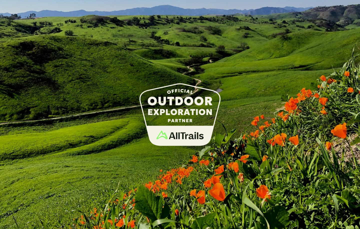 Lush green hills with orange flowers in the foreground under a clear blue sky.