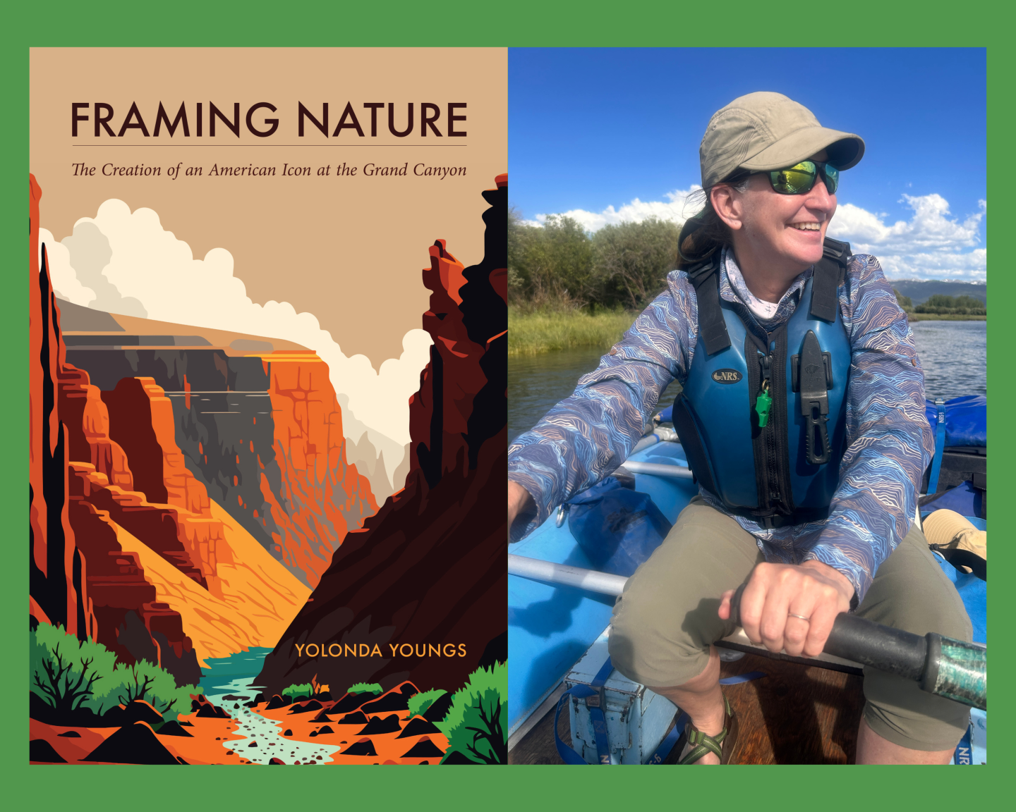 Book cover of canyon landscape next to a photo of a womannrafting, smiling under a sunny sky.