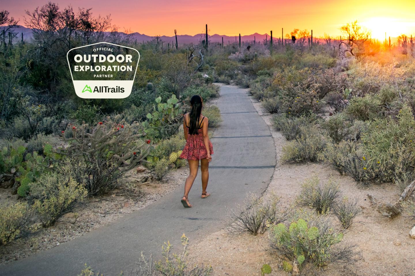 Woman walking on desert trail at sunset, surrounded by cacti and shrubs.