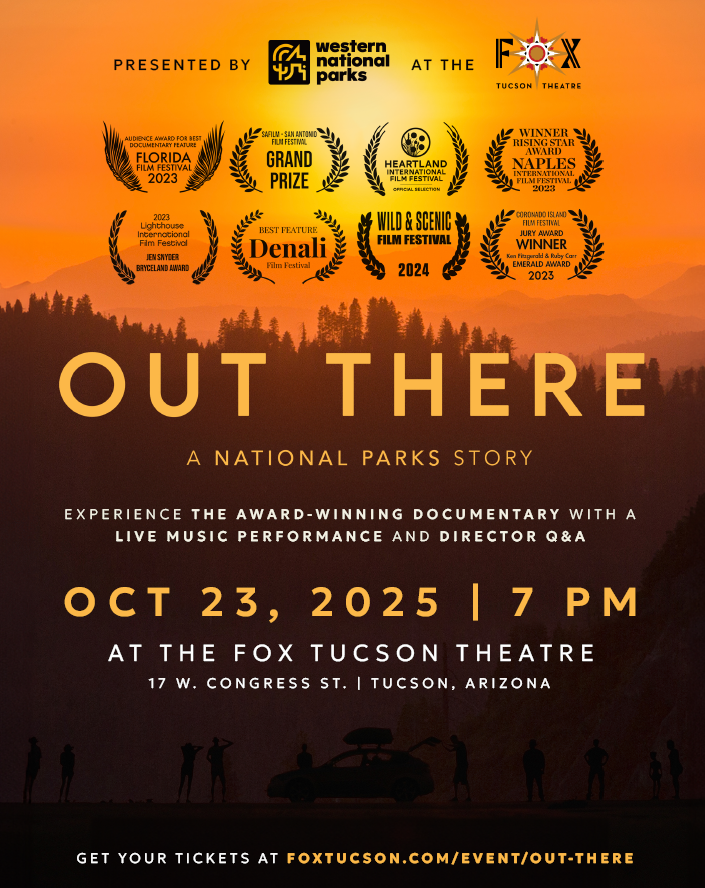 Out There movie poster with orange sunset and awards for Tucson show time