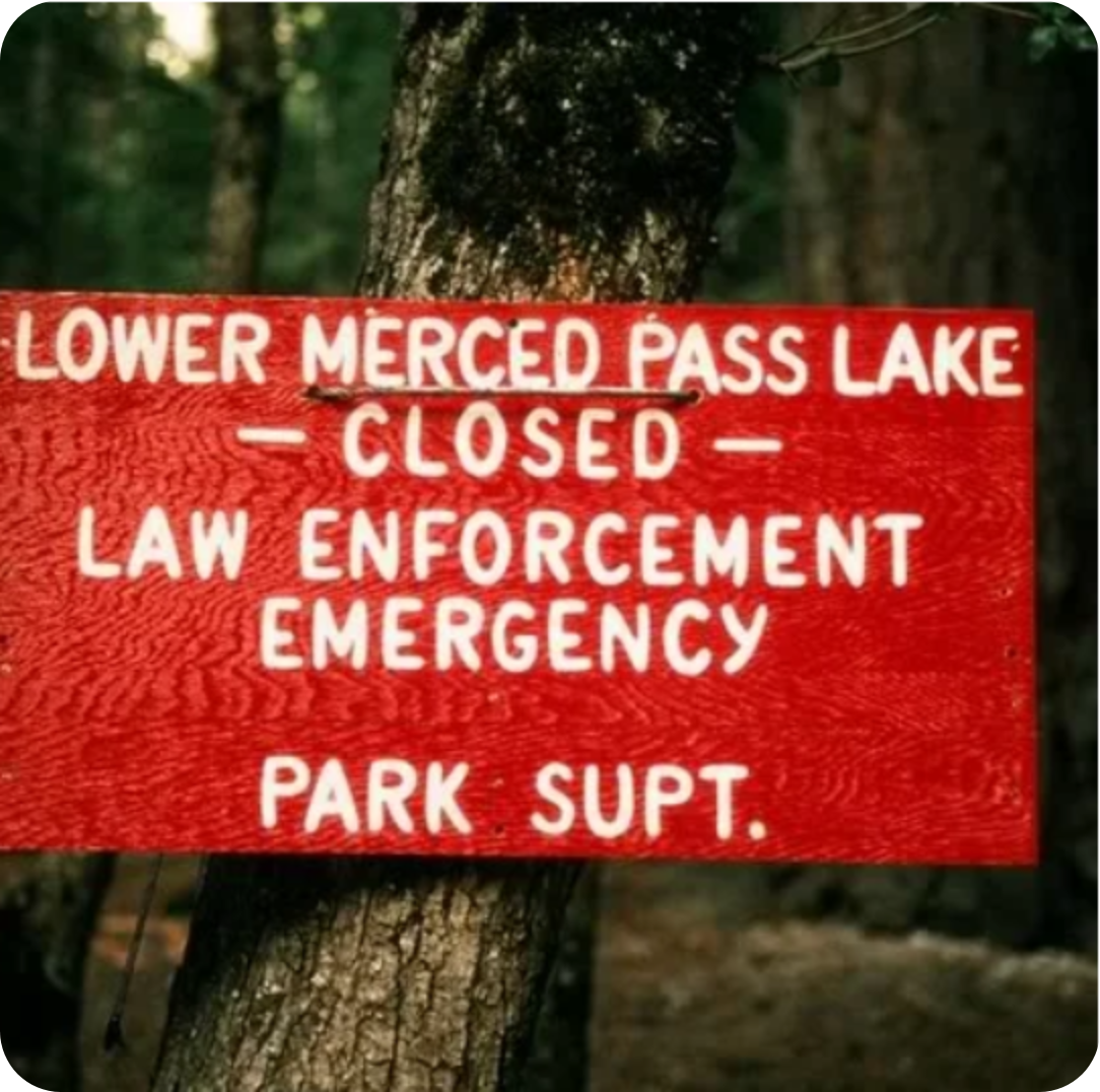 Red sign posted to trunk of a pine tree reads "Lower Merced Pass Lake closed. Law enforcement emergency" in white letters. Signed "Park Superintendent". 