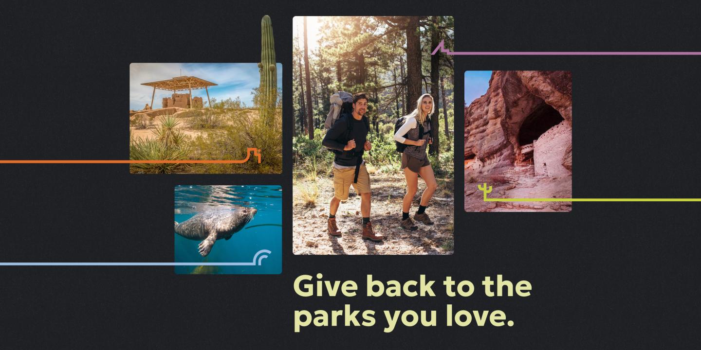 Two hikers in a forest; scenic park images surround them.