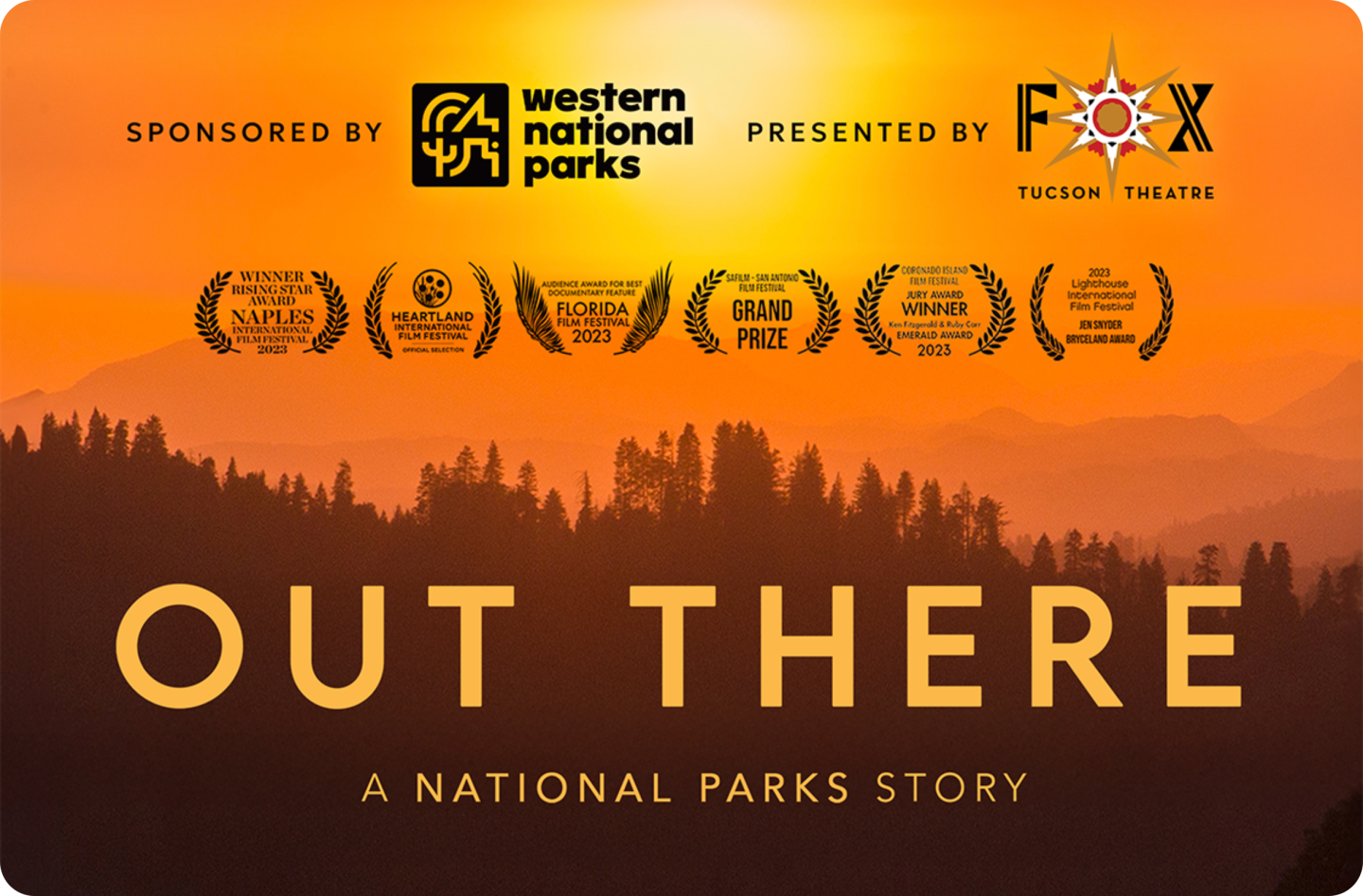 Sunset silhouette of forest with film festival awards and movie title.