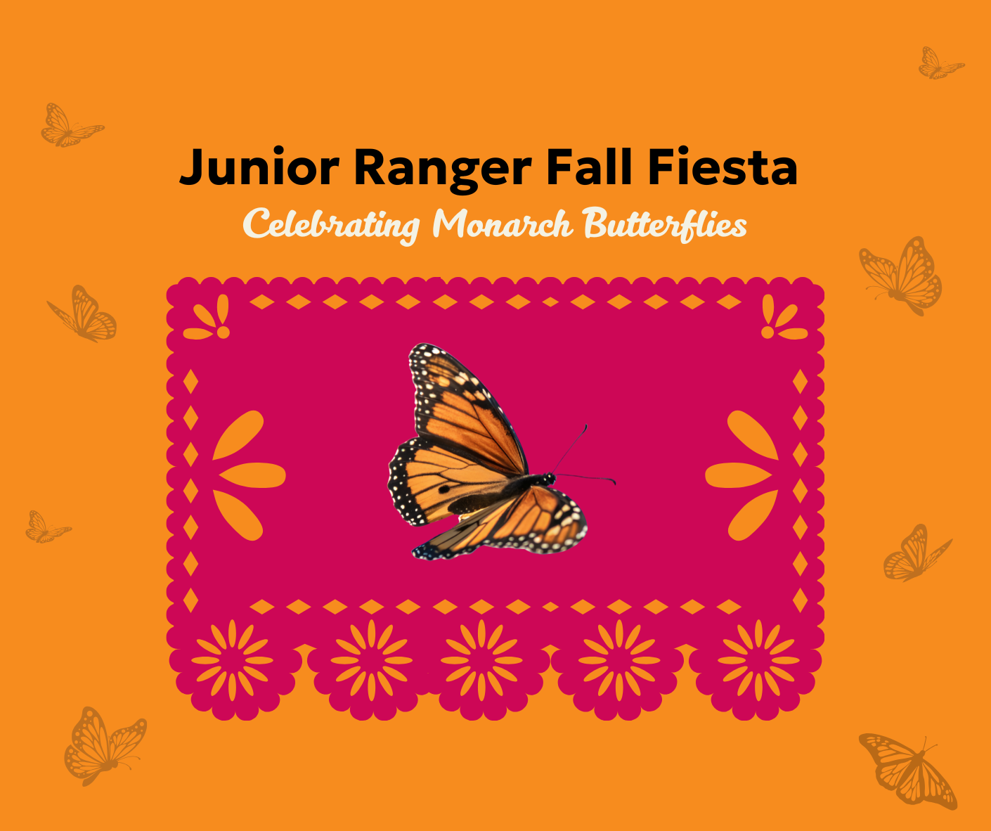 Orange and pink butterfly graphic with floral patterns and decorative border.