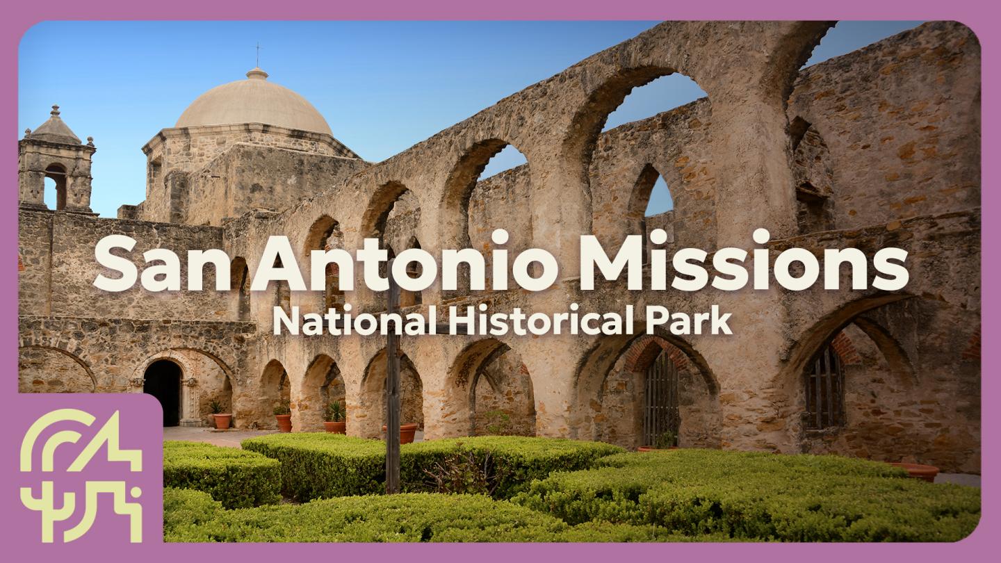 San Antonio Missions, arched stone walls, clear sky, historical park.