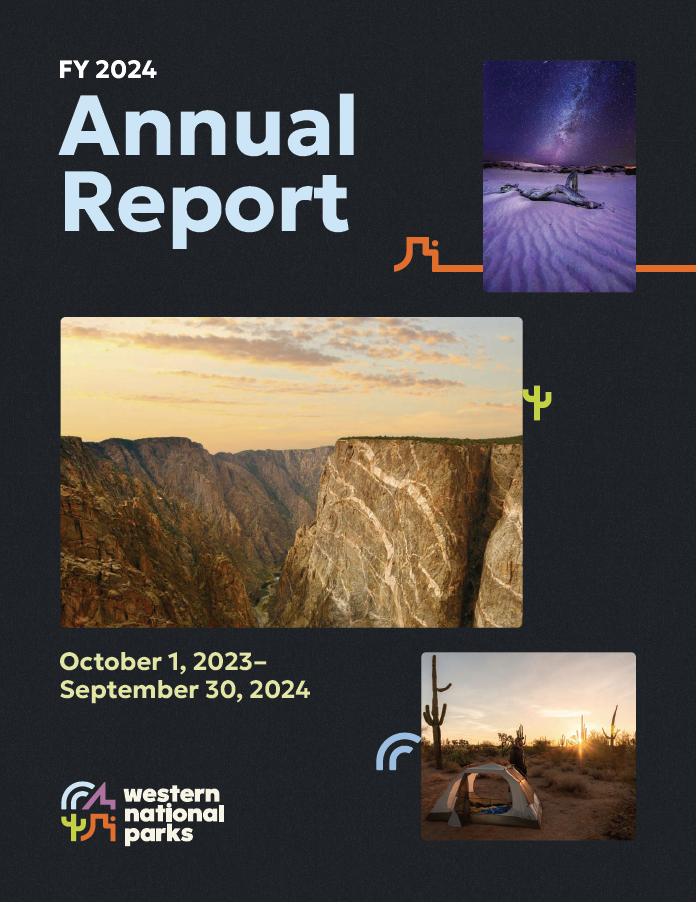 Annual report cover with canyon, sky, and desert photos.