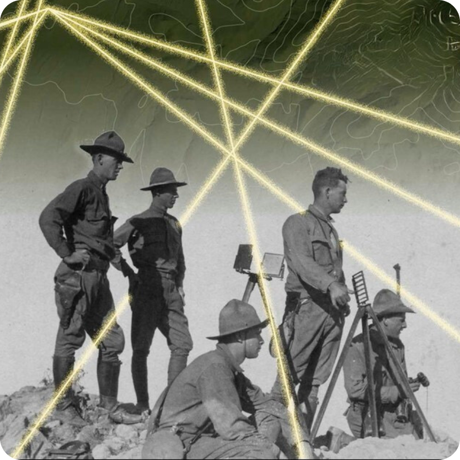 Soldiers in vintage uniforms with equipment, yellow lines overlaid.