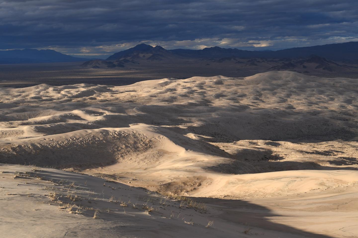 Sand dunes with mountains in the distance under a cloudy sky.