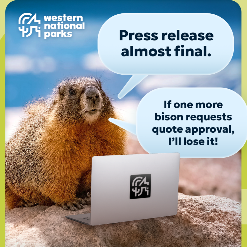 Marmot with a laptop in a national park setting, humorous speech bubbles above.