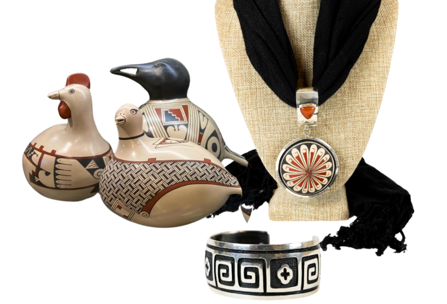 Ceramic animal figurines, a patterned necklace, and a black and white bracelet made by Mata Ortiz artisans..