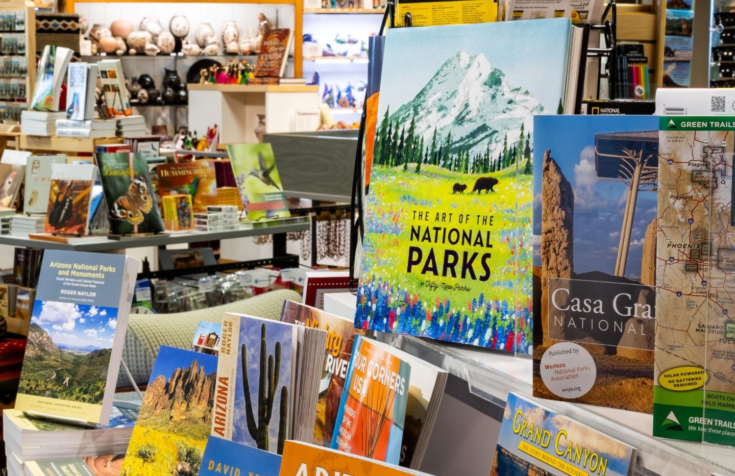 Bookstore display with travel and National Parks books.