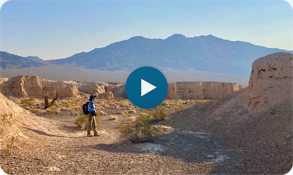 Hiker in a desert landscape with mountains in the background.