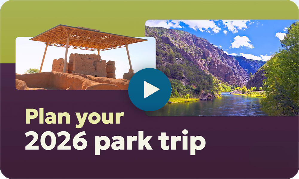 Ancient ruin and scenic mountain river photo with play button.