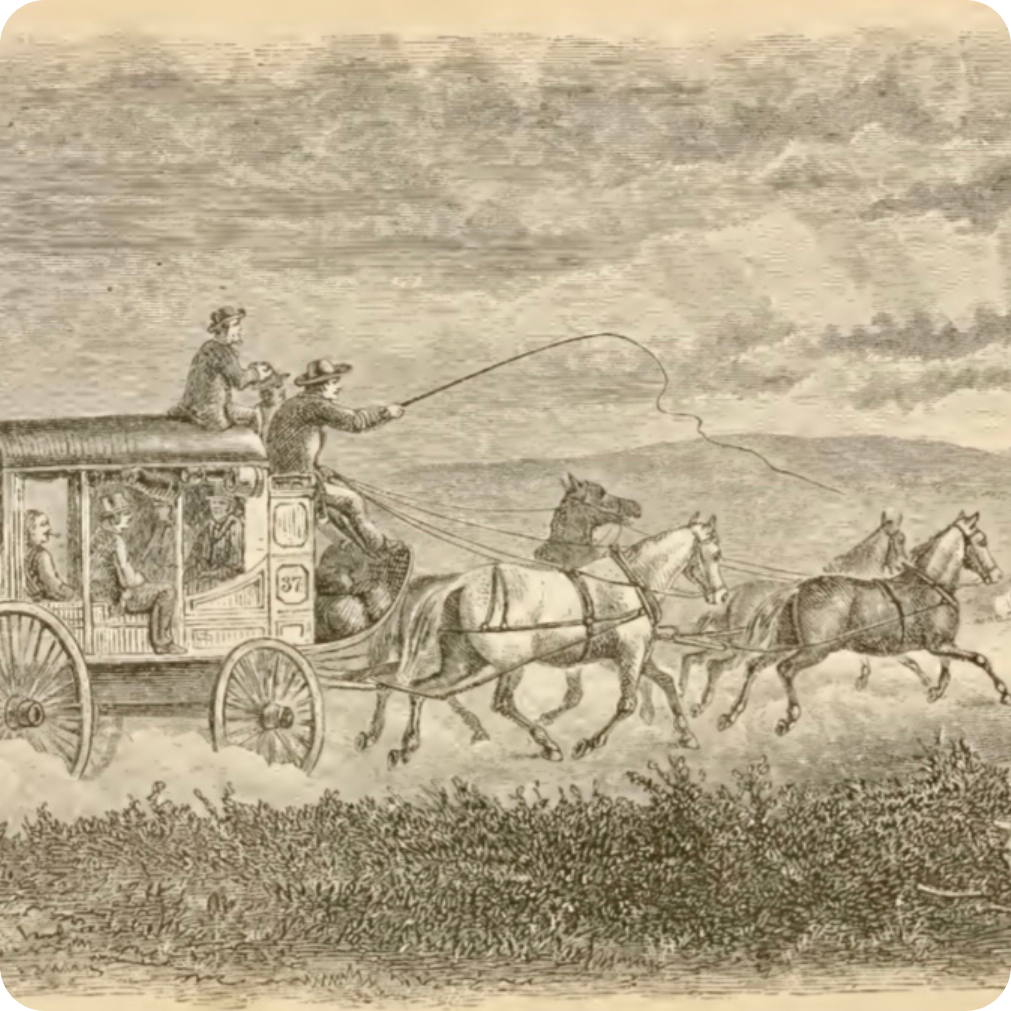 Stagecoach drawn by horses in a vintage illustration.