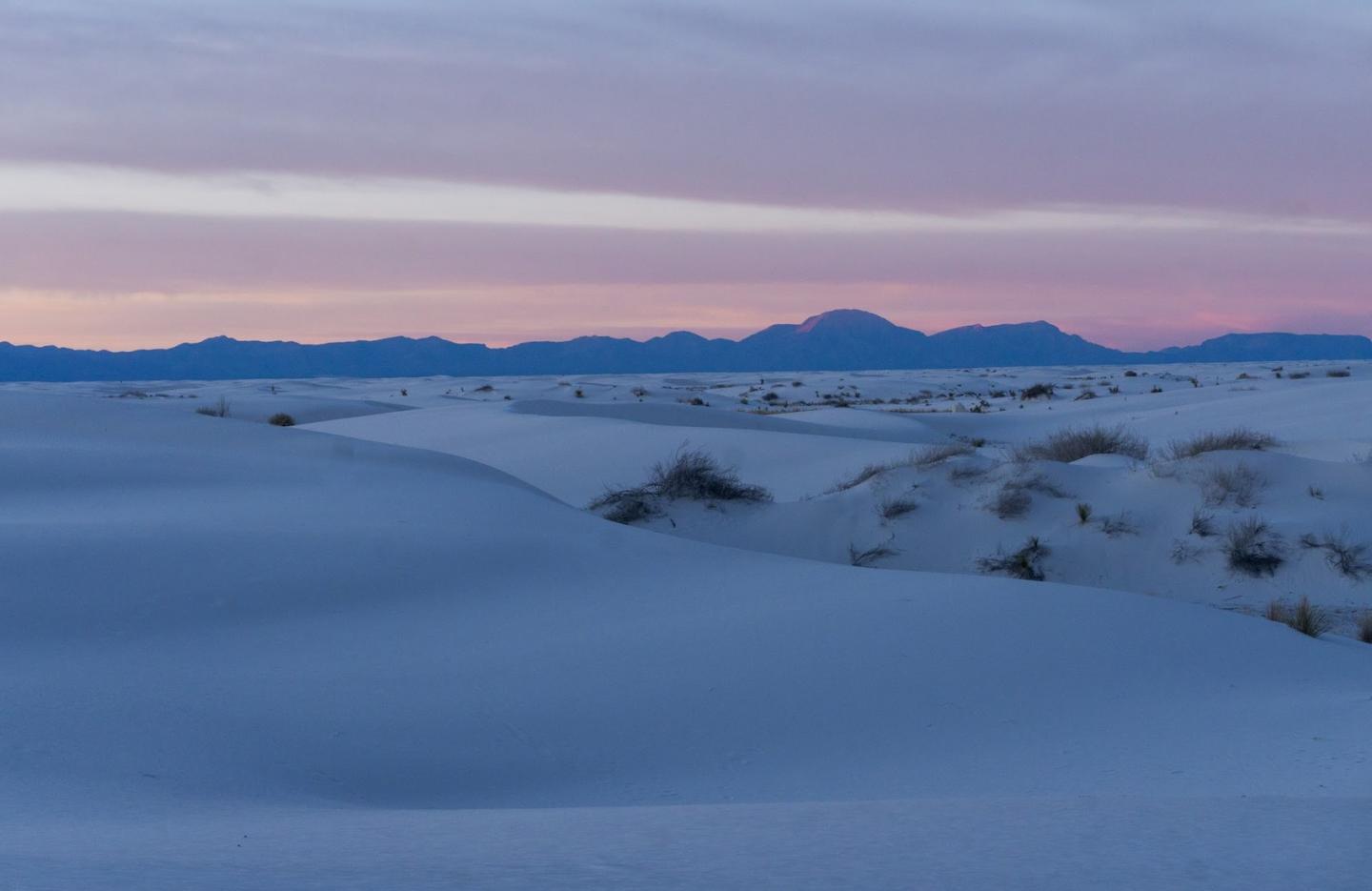 Desert dunes at sunset with a pink and purple sky.