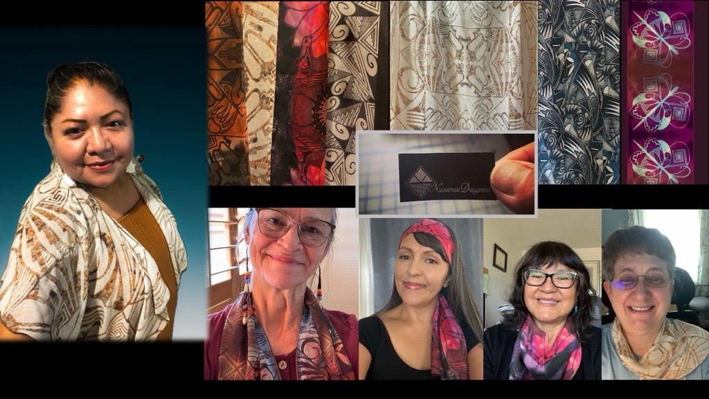 Women smiling, wearing patterned scarves in various colors.