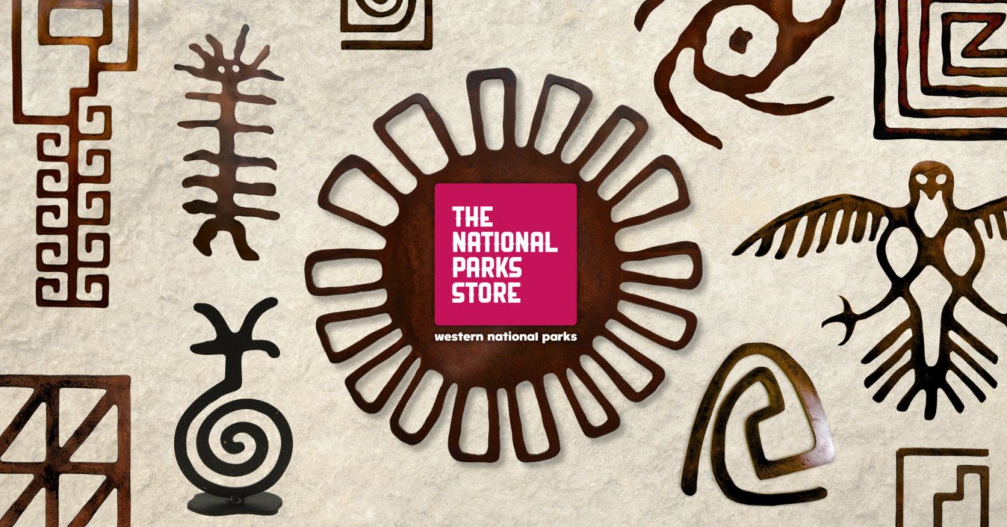 Ancient symbols and patterns with a red square logo in the center.