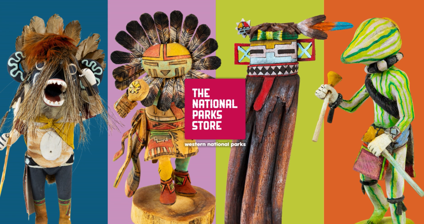 Colorful kachina dolls with diverse designs on a vibrant background.