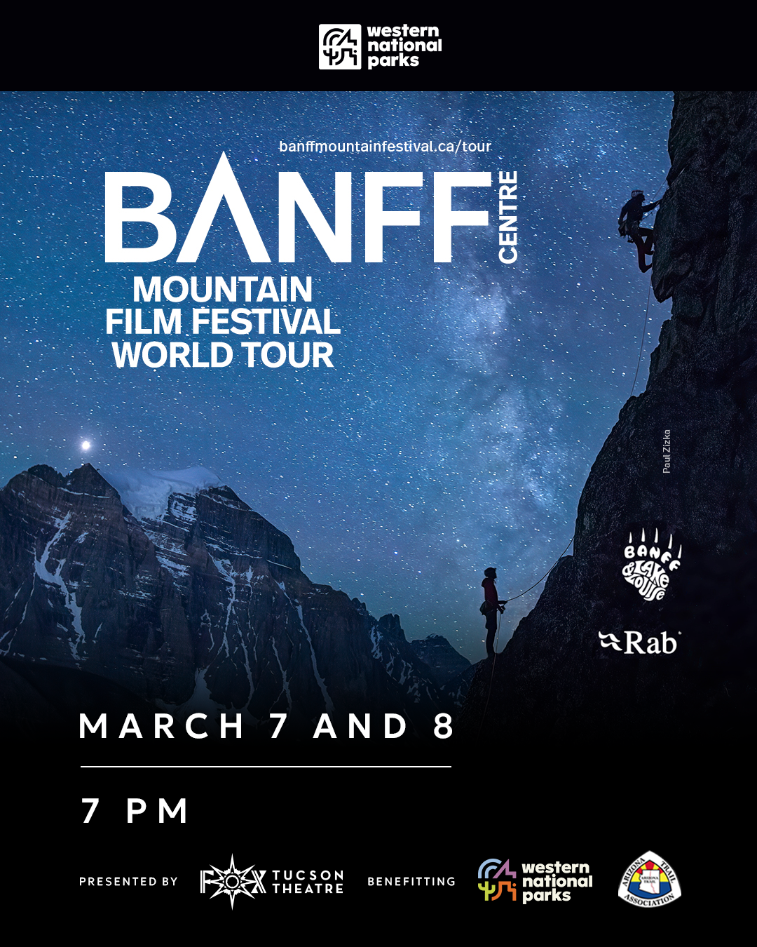 Starry night sky with a climber on a mountain, Banff Mountain Film Festival logo.