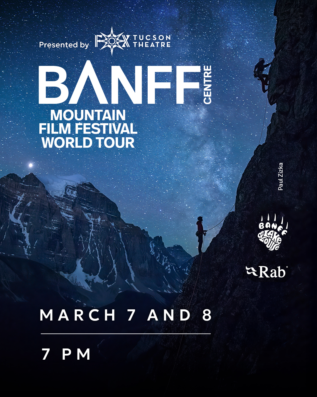 Night mountain scene with climbers silhouetted against a starry sky.