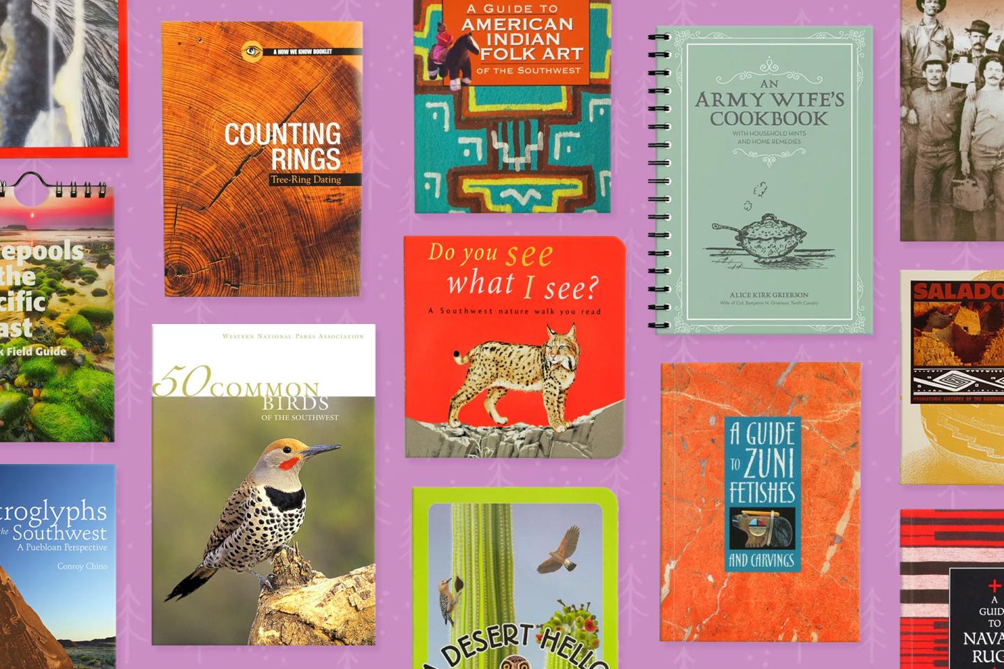 A collage of various colorful book covers on a purple background.