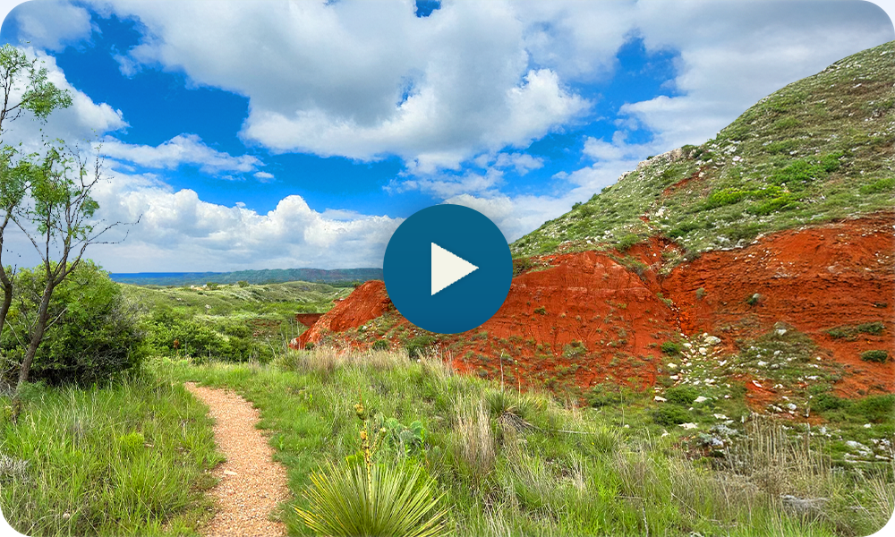 Pathway through grassy hills with red soil under a blue, cloudy sky.