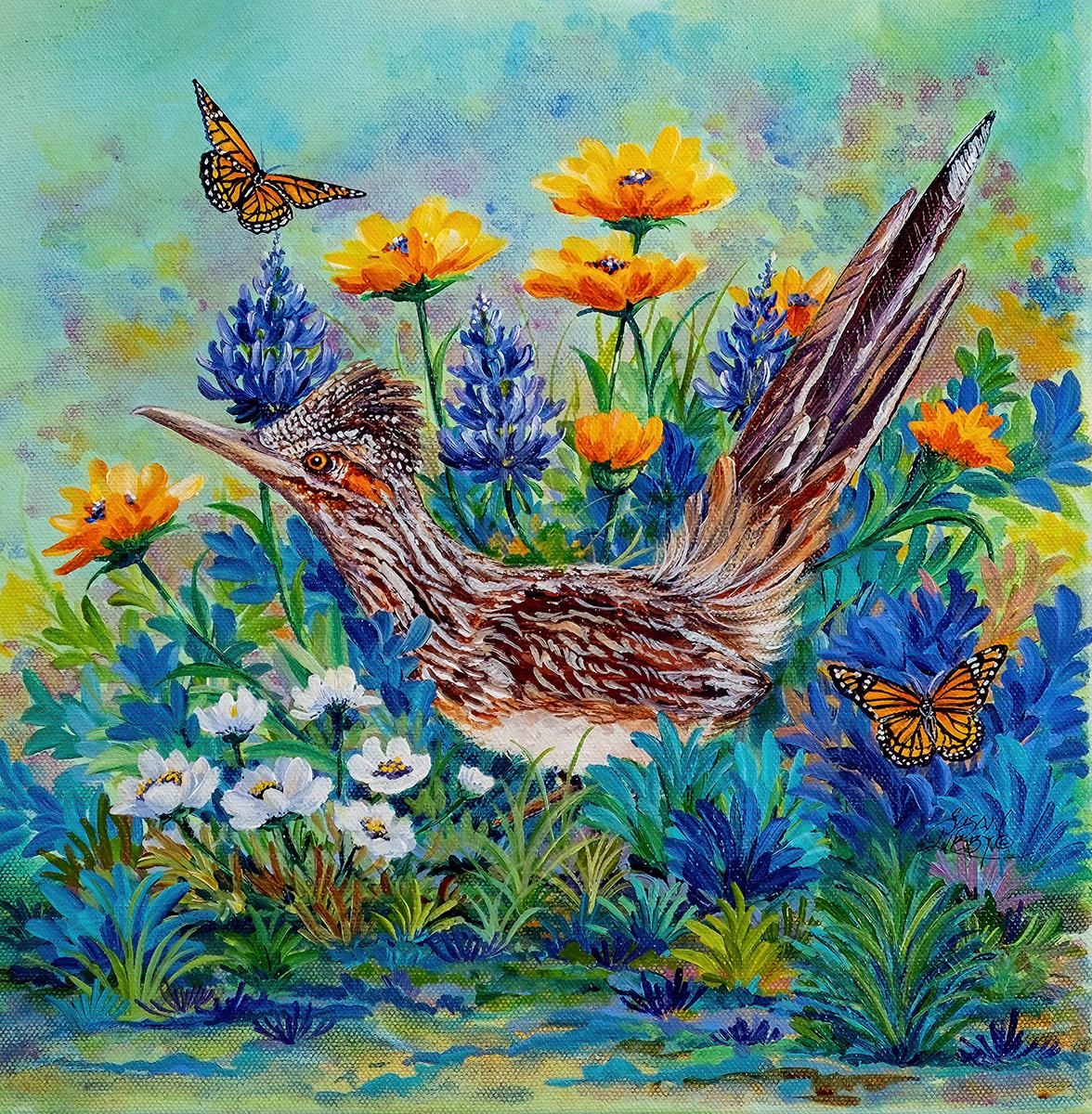 Roadrunner among colorful wildflowers and butterflies in a vibrant painting.