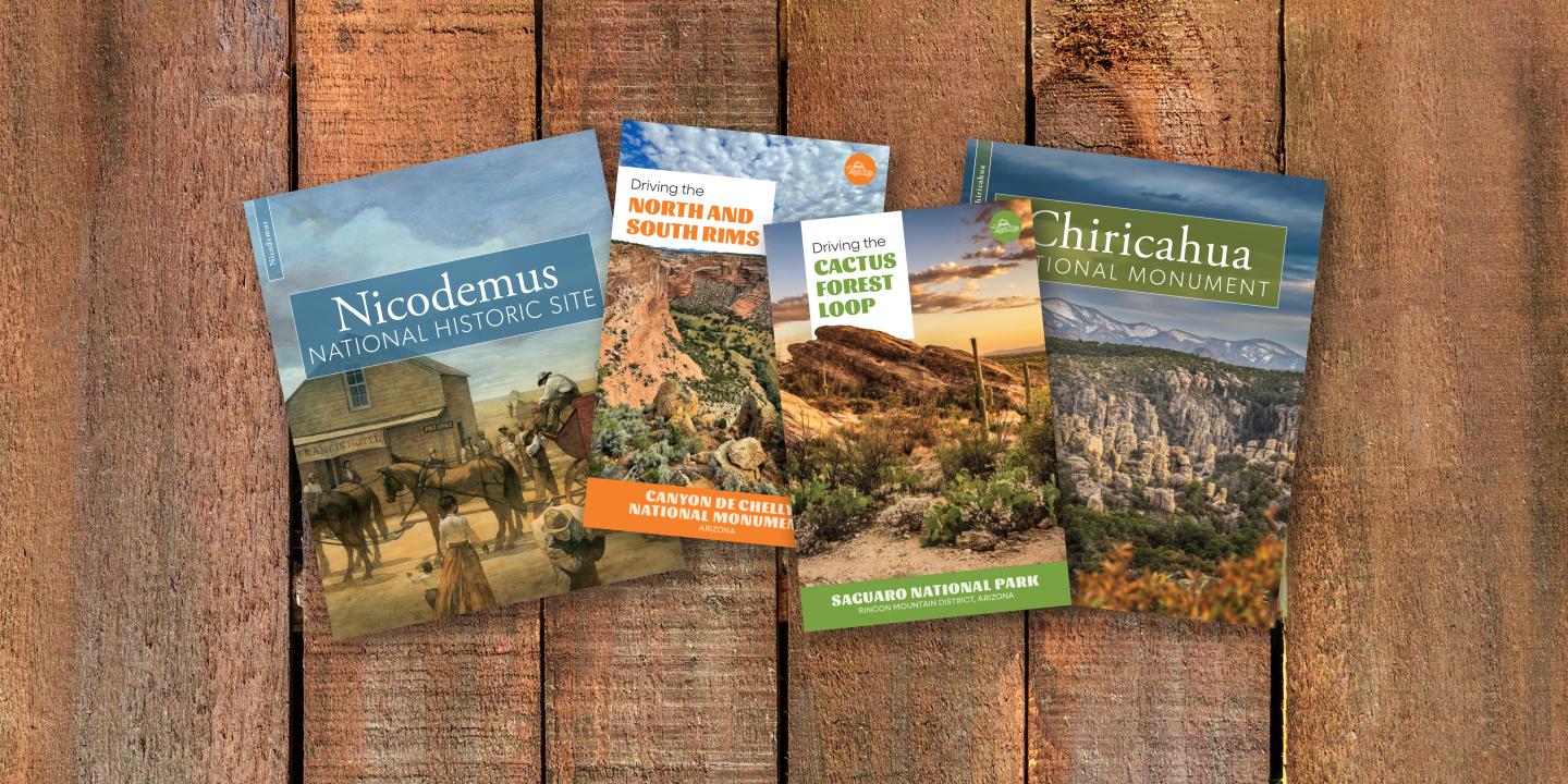 Books with nature covers on a wooden surface.