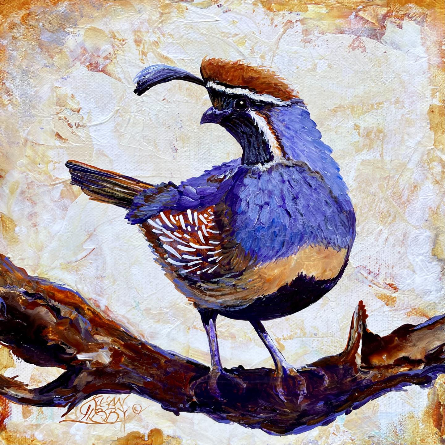 Quail with vibrant plumage perched on a branch, illustrated in earthy tones.