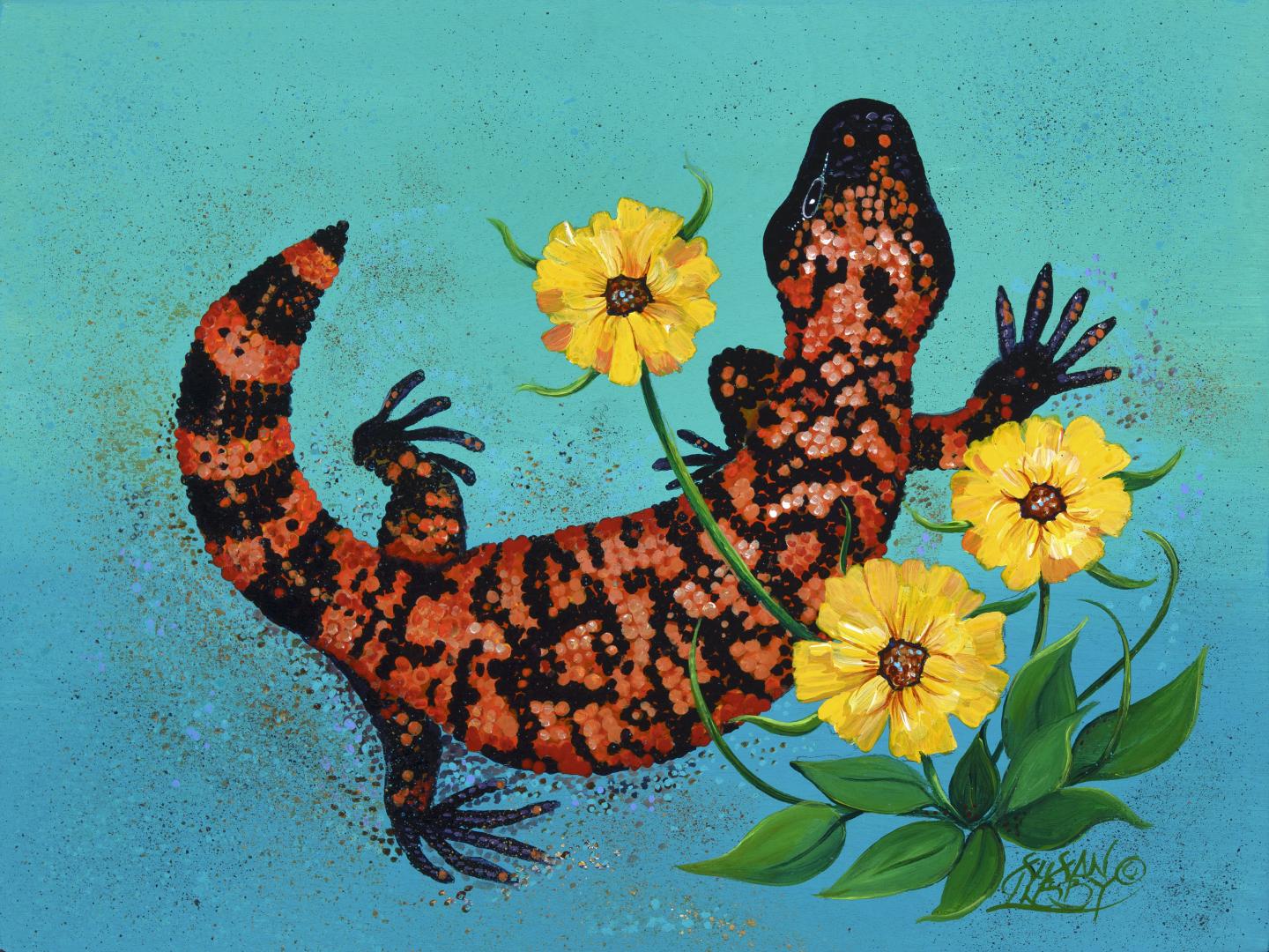 Orange and black lizard next to bright yellow flowers on a blue background.