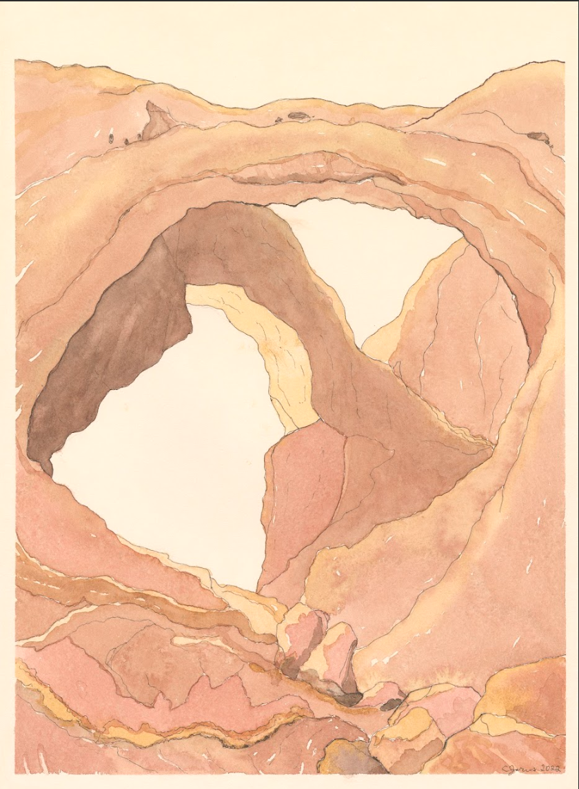 Abstract watercolor of sandstone arches with warm earthy tones.