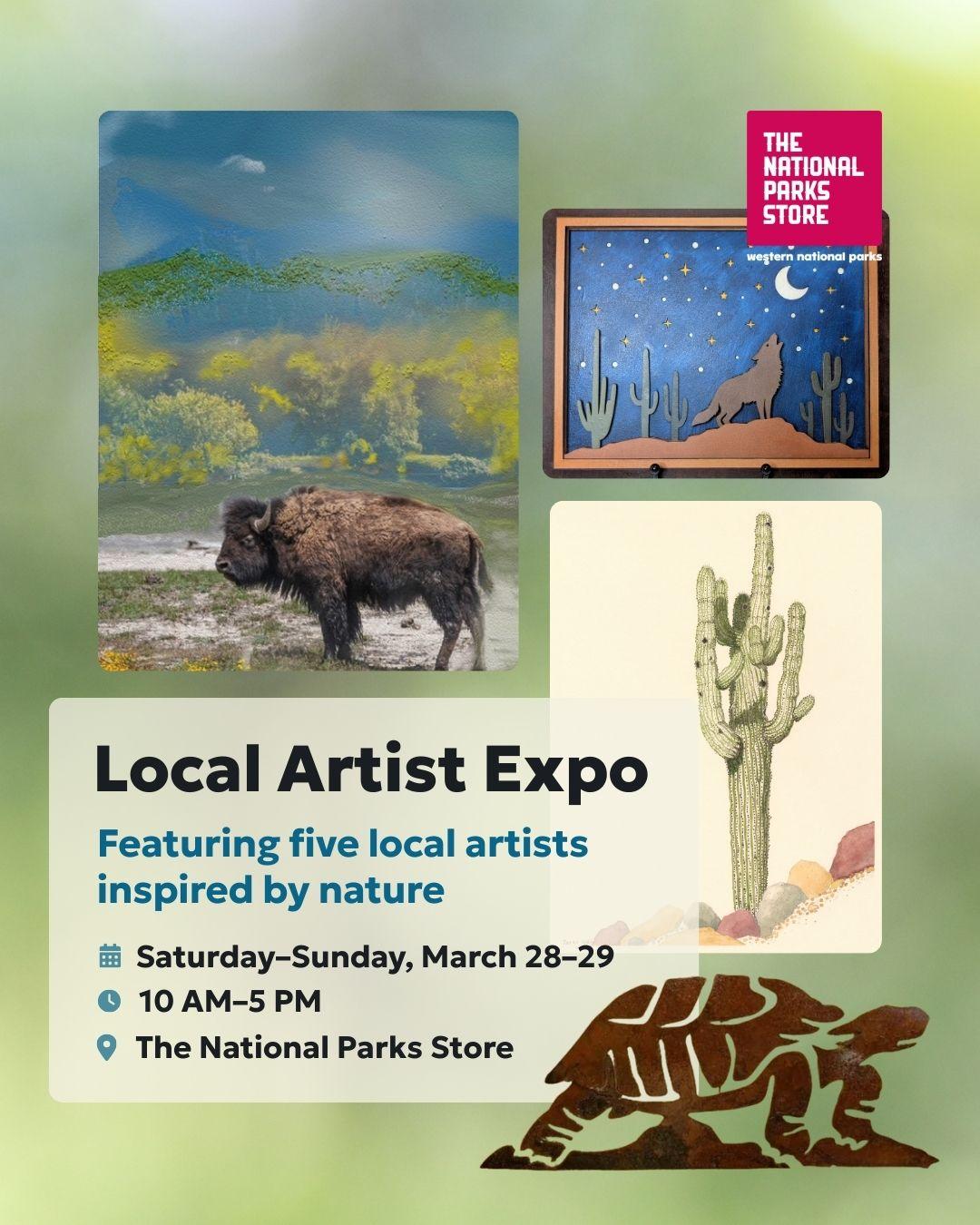 Local Artist Expo poster with wildlife paintings and cactus art.