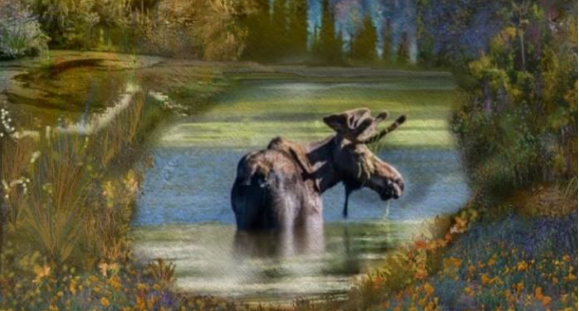 Moose wading in a serene forest pond amidst wildflowers and trees.