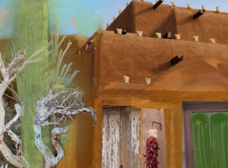 Adobe-style building with cactus, green door, and hanging red chili ristras.