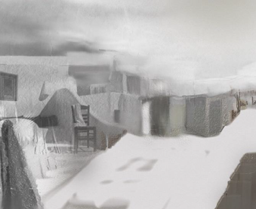 Abstract grayscale scene with blurry furniture and objects.