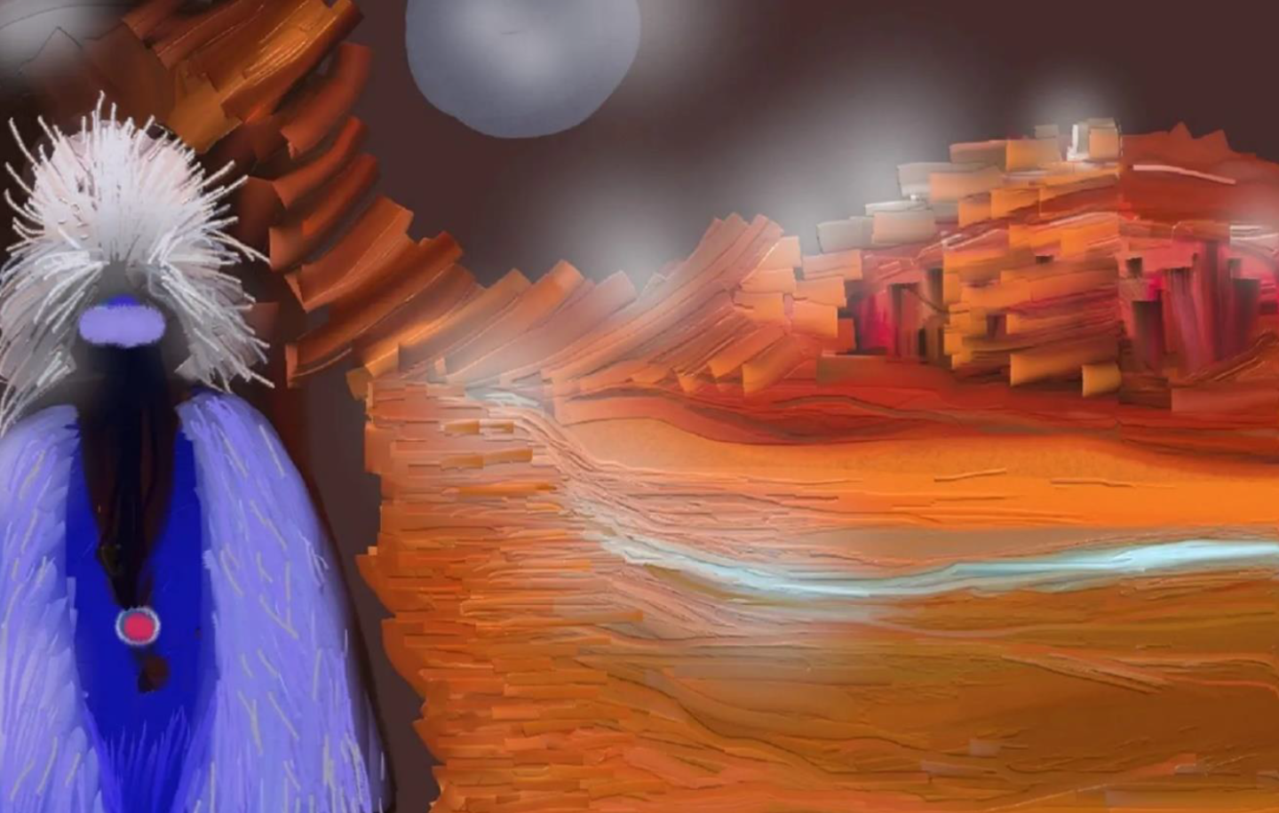 Fantasy landscape with a blue-robed figure and orange desert under a cloudy moonlit sky.