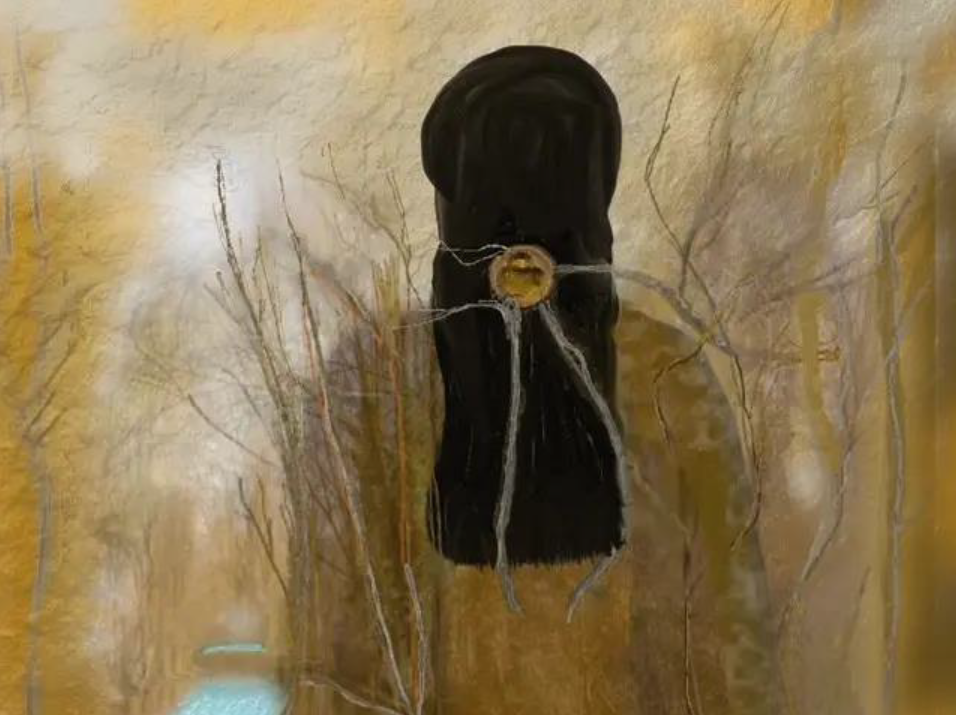 Digital painting of a person facing against the camera with long, dark hair.