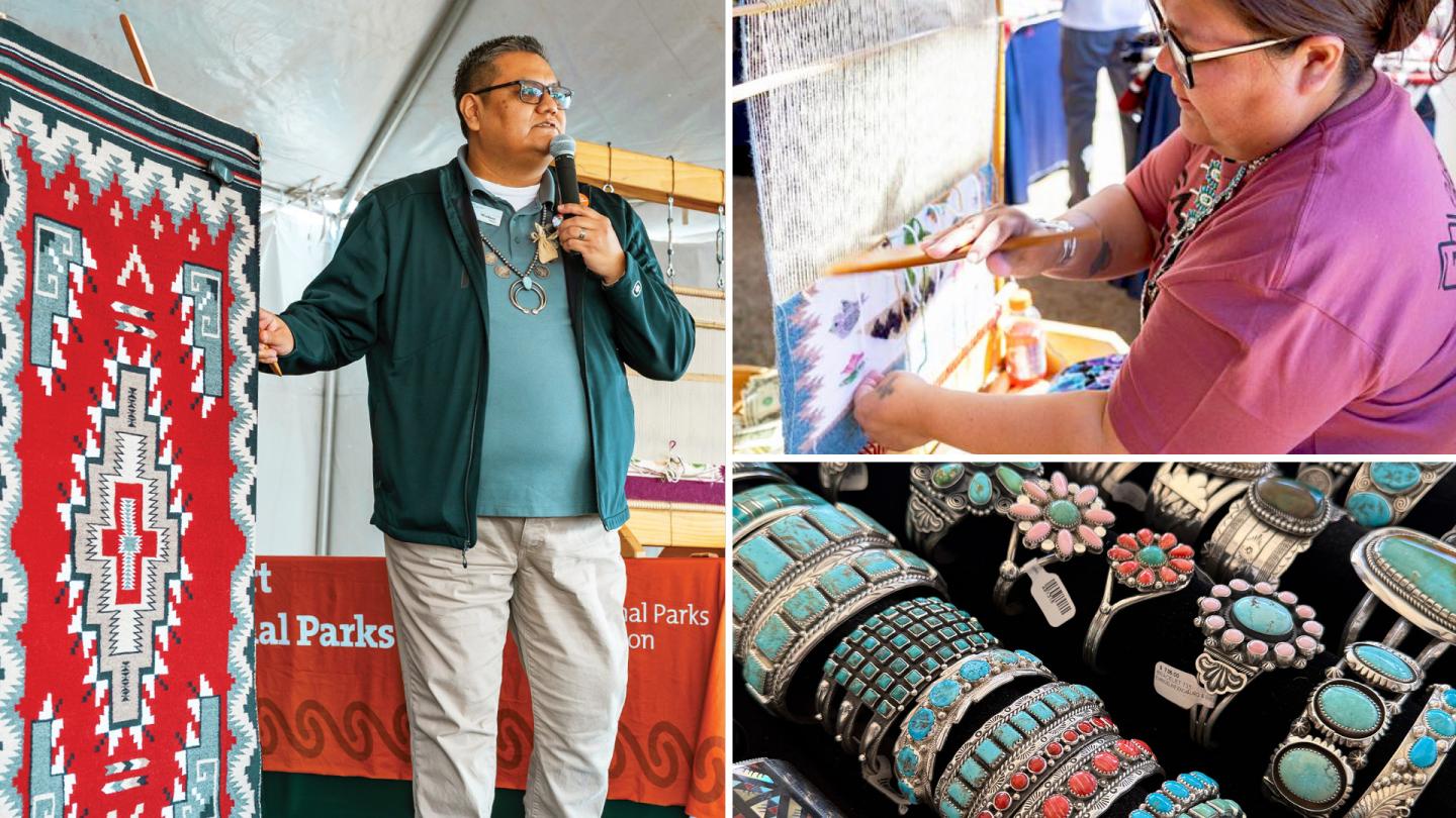 Man speaking next to a red and white woven rug; woman making jewelry; display of turquoise bracelets.