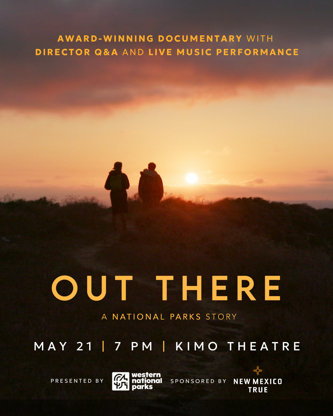 Silhouetted hikers at sunset on a hill, text reads "Out There: A National Parks Story."