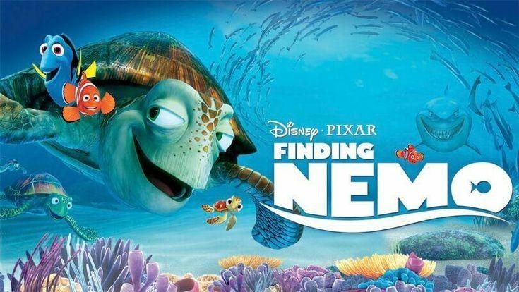 Colorful "Finding Nemo" movie poster with sea creatures underwater.