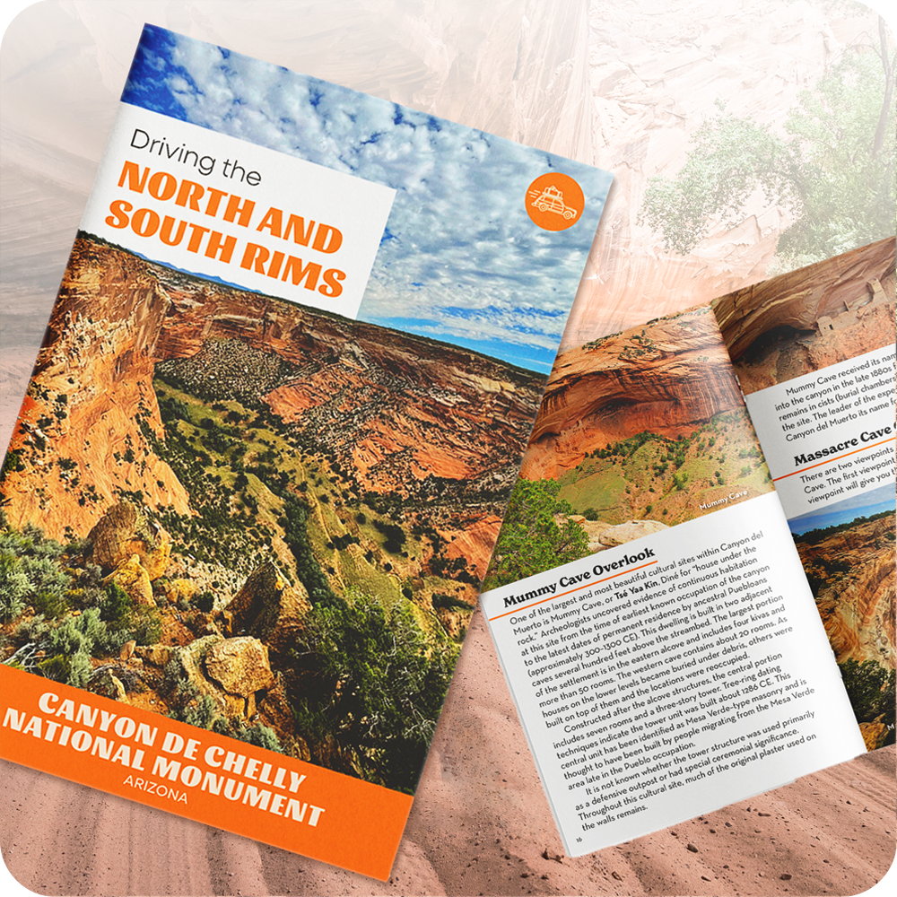 Brochure with canyon landscape and text about North and South Rims.