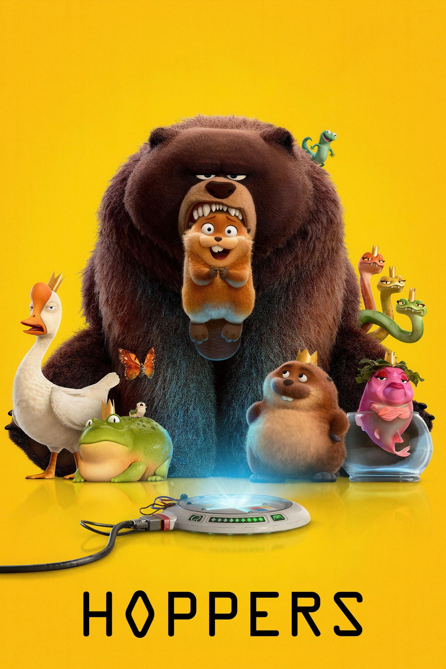 Cartoon animals gather on a bright yellow background with playful expressions.