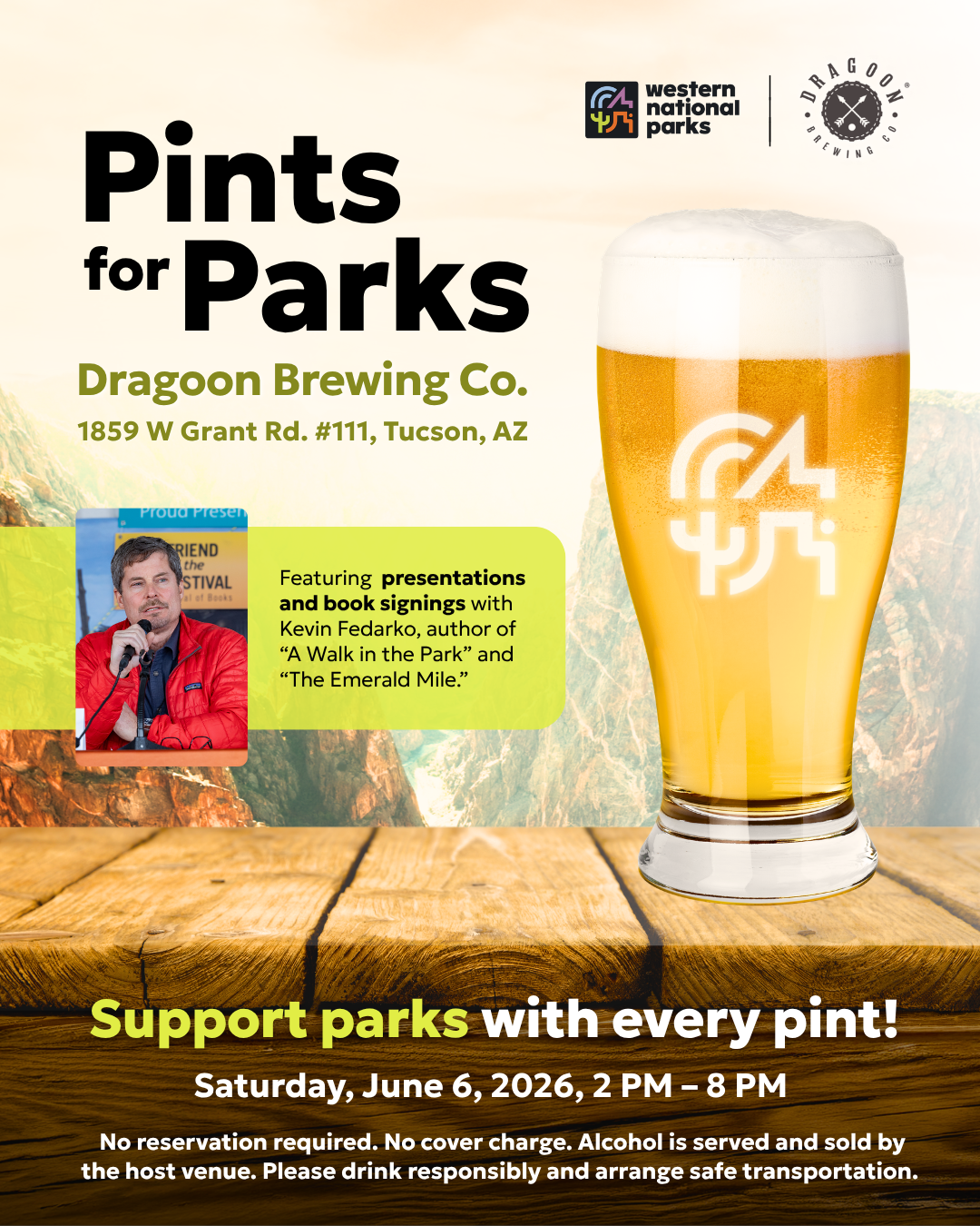 Glass of beer with park logo, event details, and contact info.
