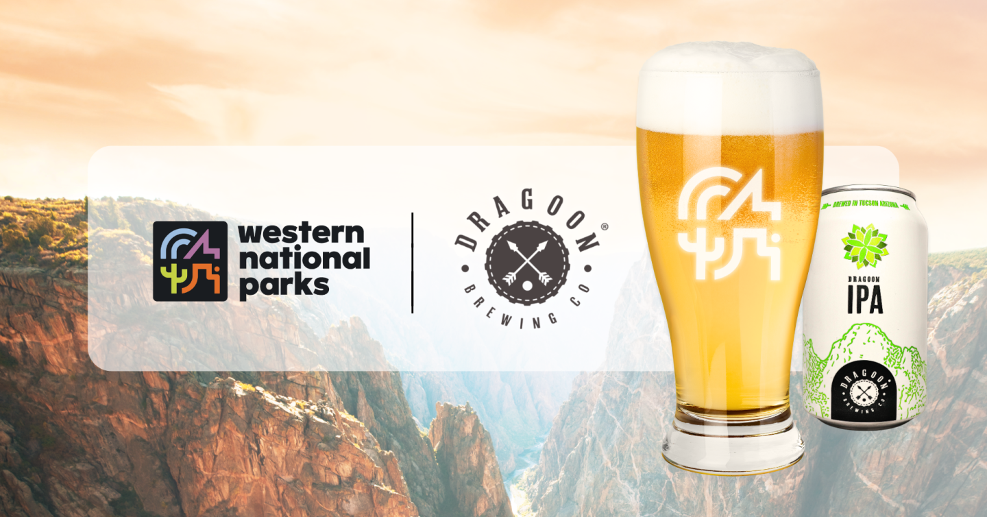Western National Parks logo and IPA beer on mountain backdrop.