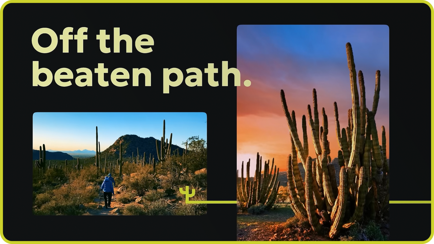 Desert landscape with tall cacti, mountains, and vibrant sunset.