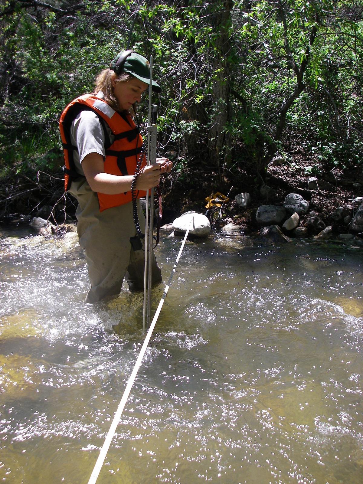 Person measuring water flow in a stream, wearing a life vest and cap, surrounded by trees.