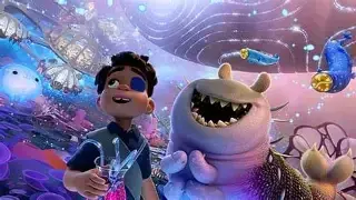 Boy with eyepatch and a purple monster in a colorful, whimsical outerspace setting.