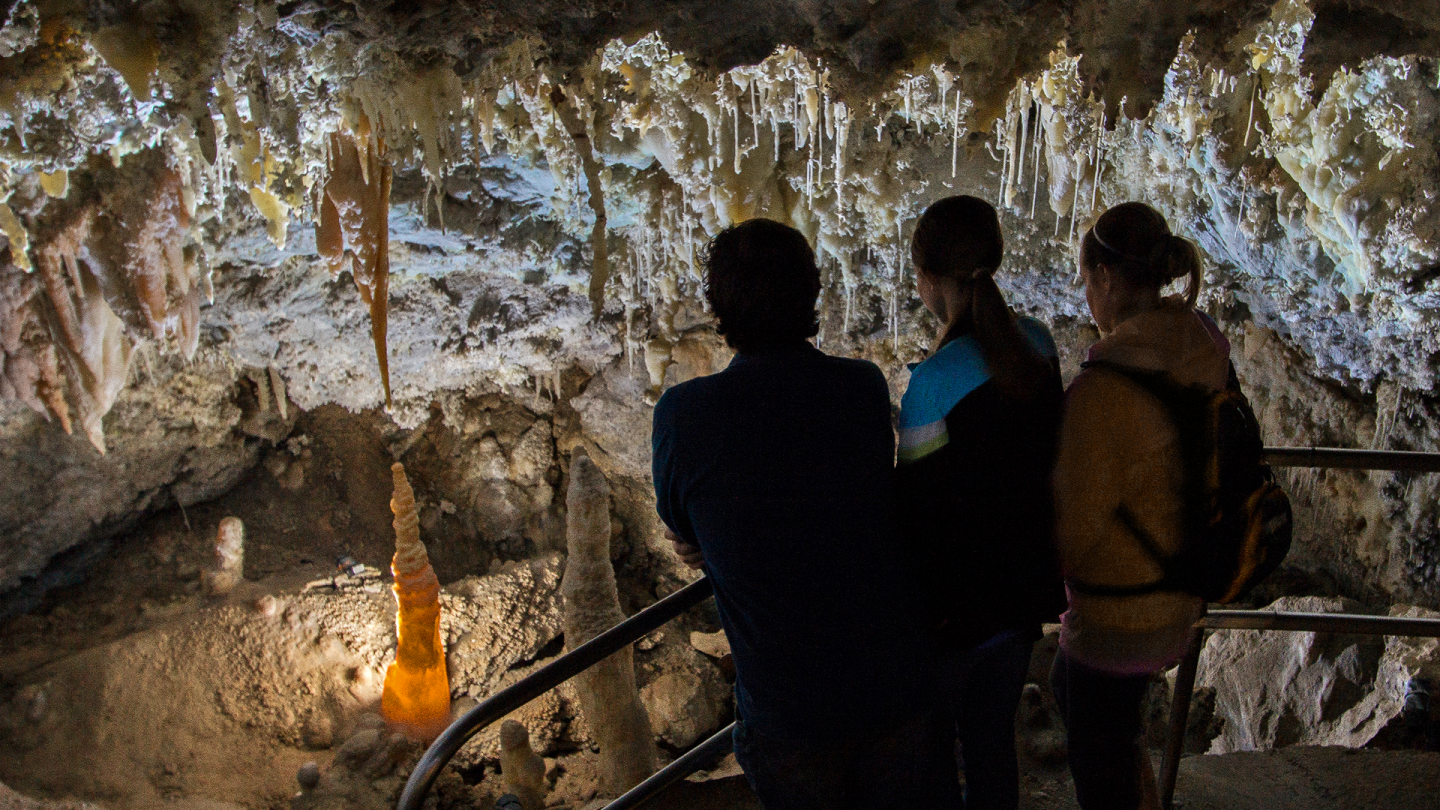Three people observe stalactites in a dimly lit cave.