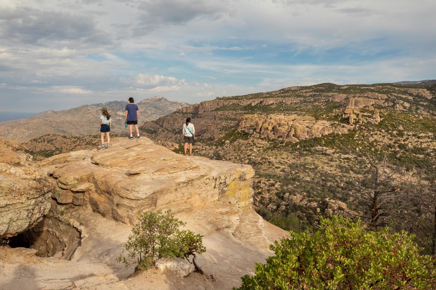 Three people stand on a rocky cliff, overlooking a canyon under a partly cloudy sky.