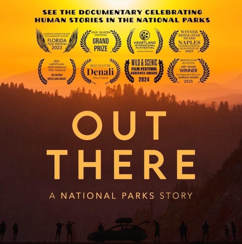 Silhouetted figures at sunset in front of rugged hills, text reads "Out There."